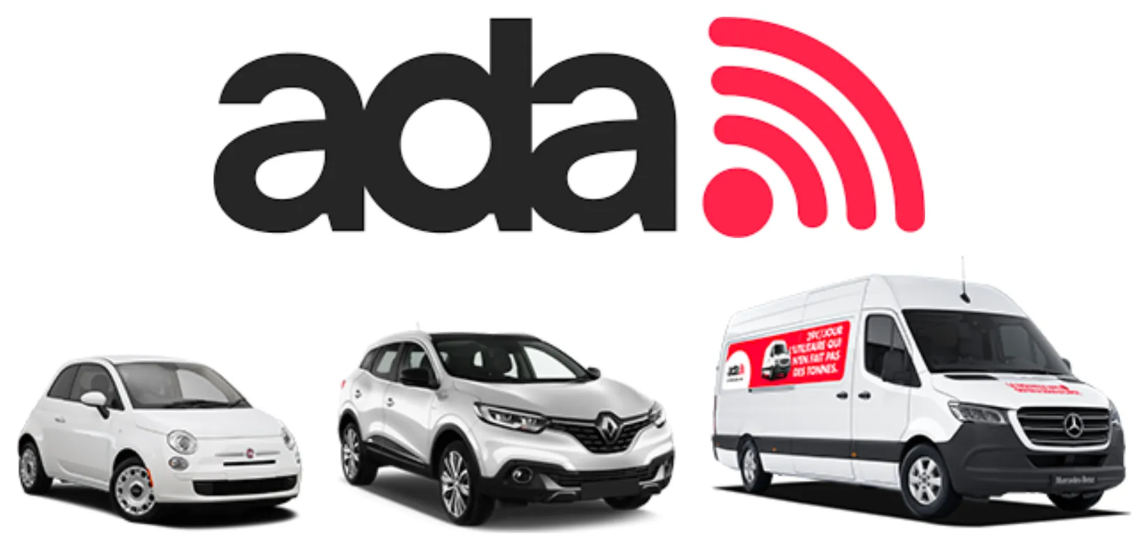 Logo ADA connecté au-dessus de trois véhicules de la flotte : une Fiat 500, un Renault Kadjar et un utilitaire Mercedes Sprinter