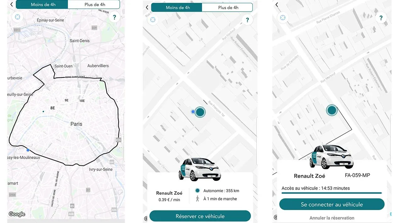 Trois écrans de l'application Moov'in Paris : carte de la zone de service, réservation d'une Renault Zoé à proximité, puis connexion au véhicule